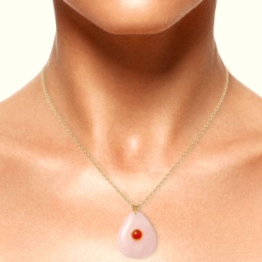 UNISEX YELLOW GOLD OVER STAINLESS STEEL ROSE QUARTZ AND RED AGATE NECKLACE